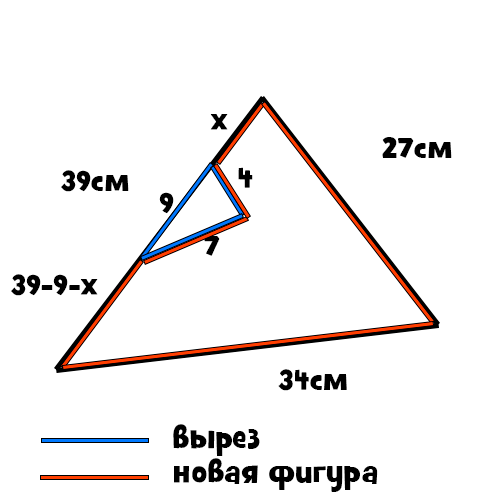 Из треугольника со сторонами 39см, 34 см, 27см. вырезали треугольник